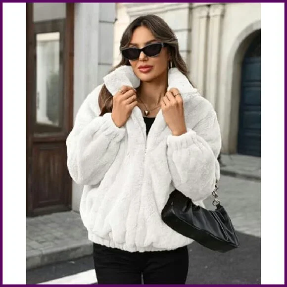 Faux Fur Lapel Zip Up Cropped Jacket Winter Coat Warm Fleece - Picture 6 of 7